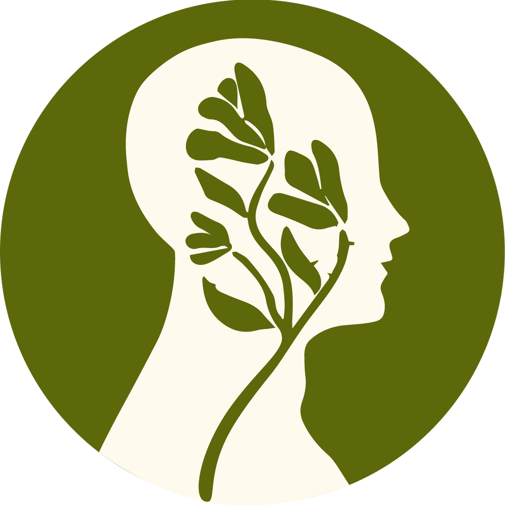 Logo with a silhouette of a head and a branch on a green background