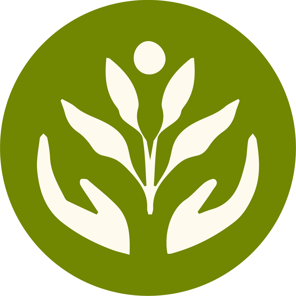 White icon of hands holding leaves on a green background