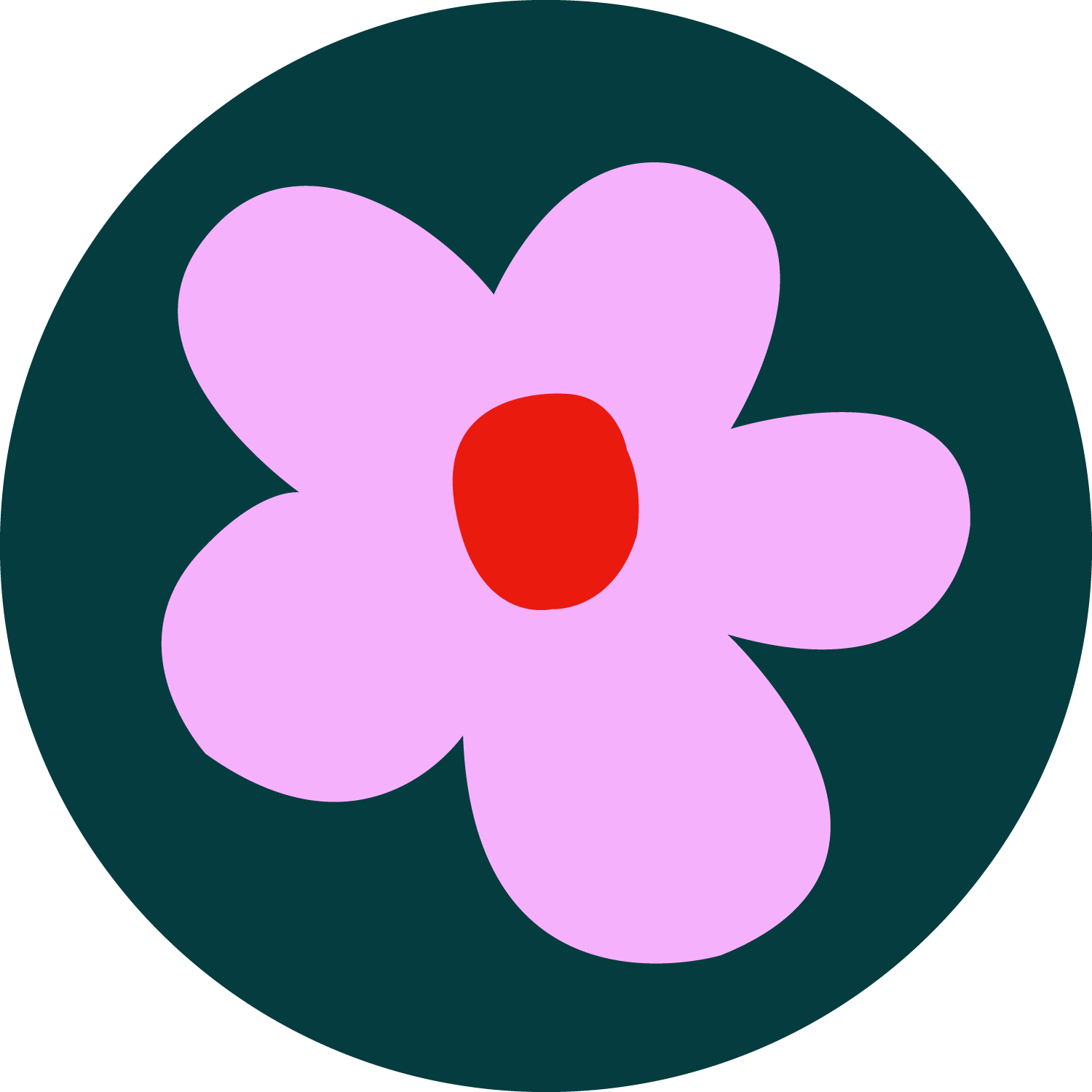 Simple pink flower with a red center on a dark green background