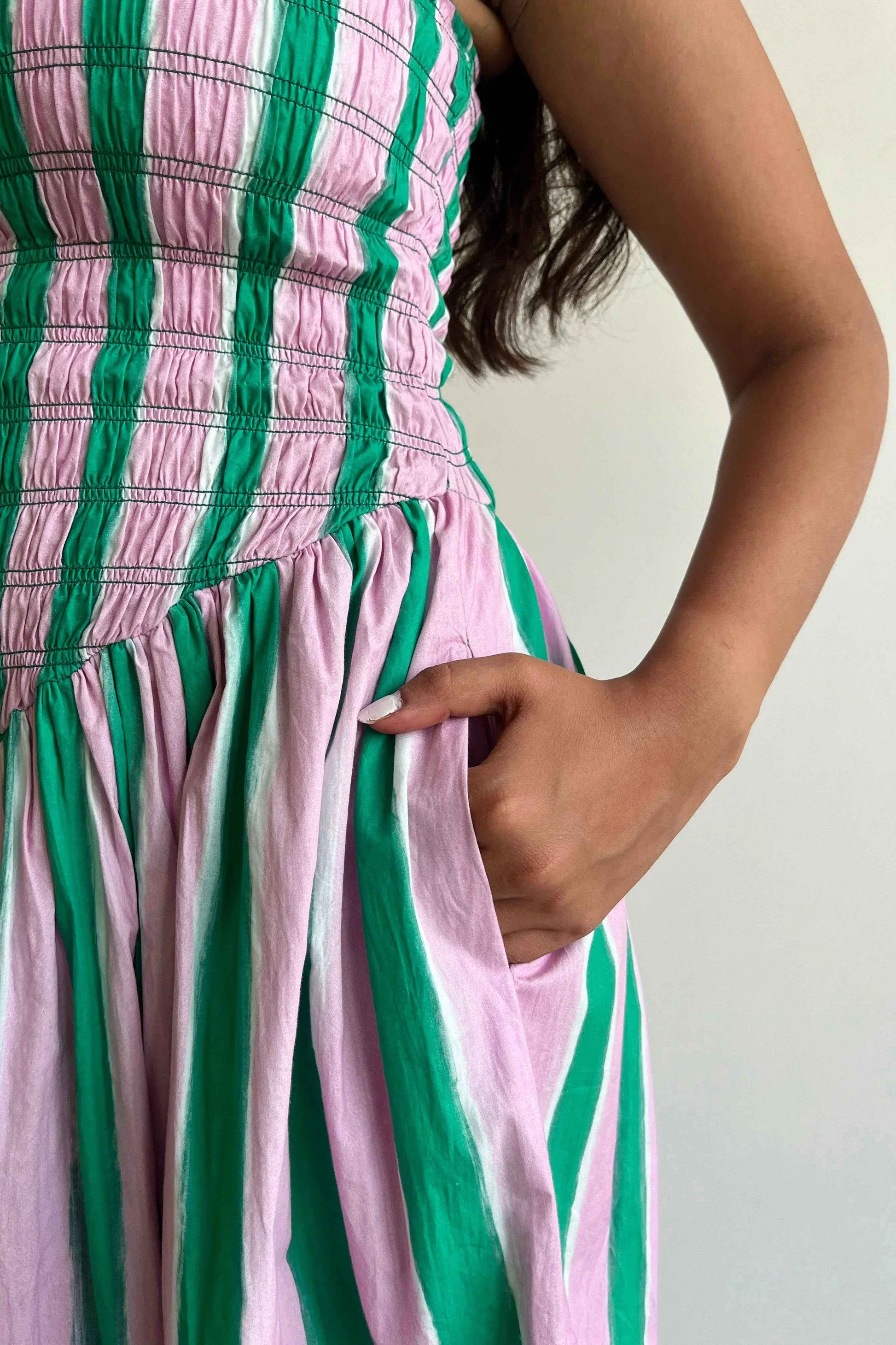 Pink & Green Striped Smocked Maxi Dress | IMSOO Resortwear Imsoo Pink & Green Striped Smocked Maxi Dress | IMSOO Resortwear Imsoo