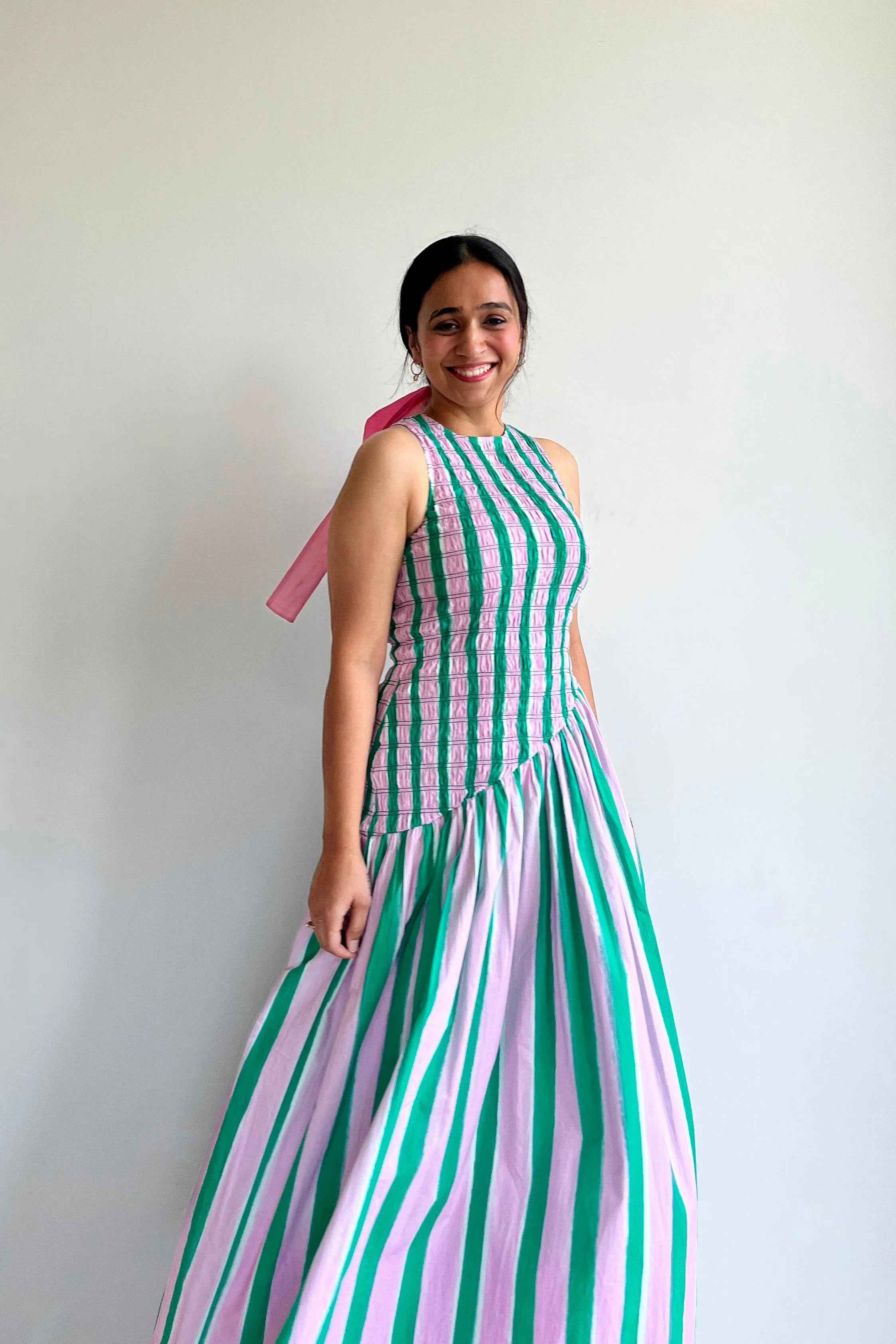 pink and green maxi dress Keeper Detachable Tie At Waist Pink & Green Striped Smocked