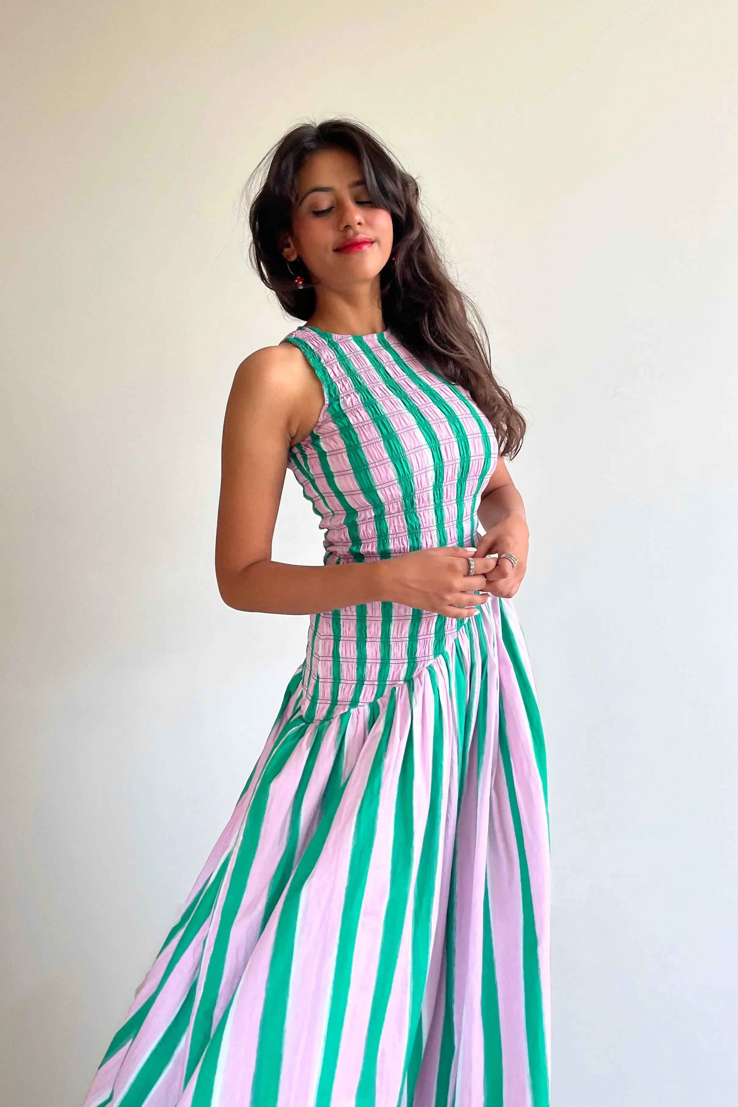 Pink & Green Striped Smocked Maxi Dress