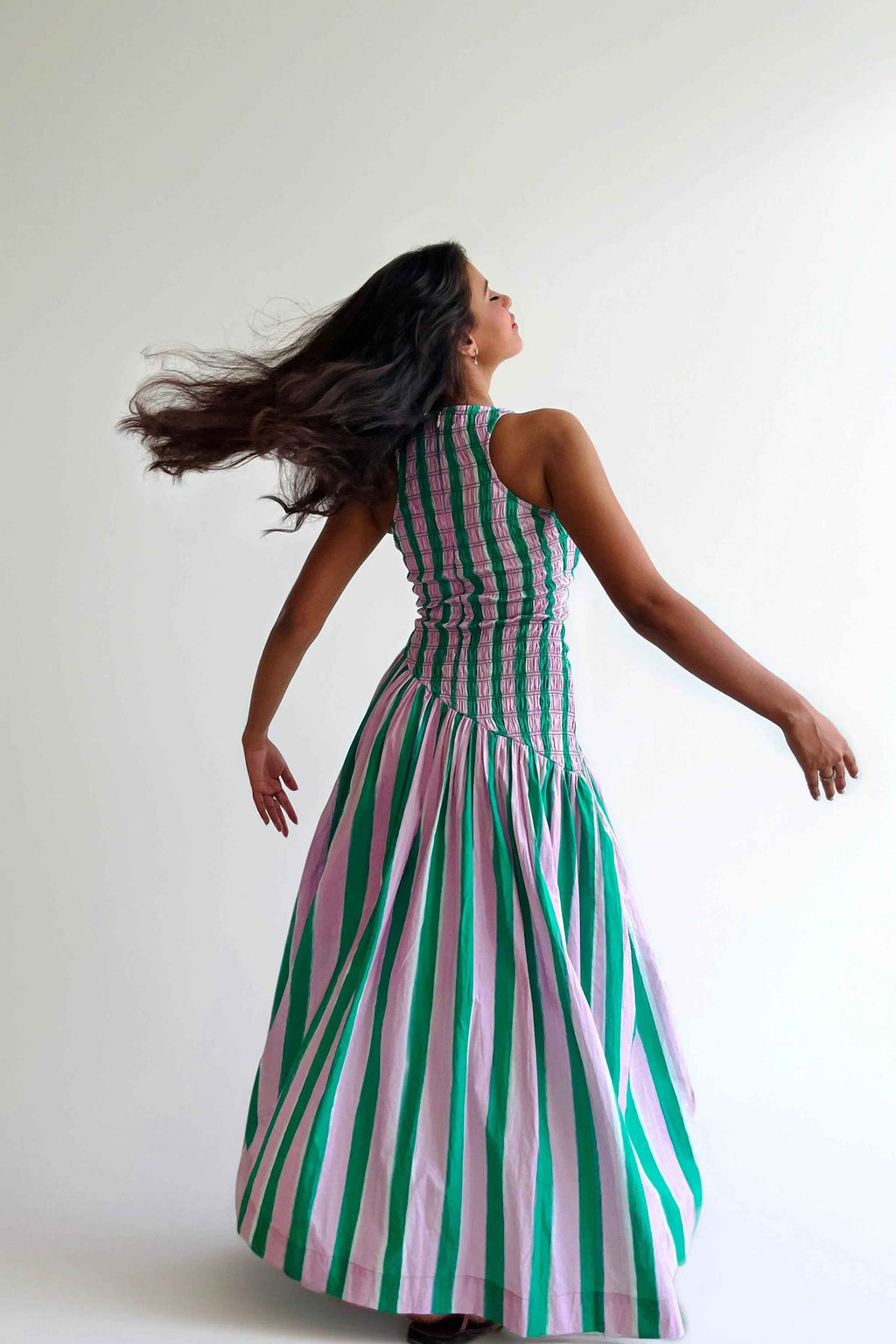 Pink & Green Striped Smocked Maxi Dress