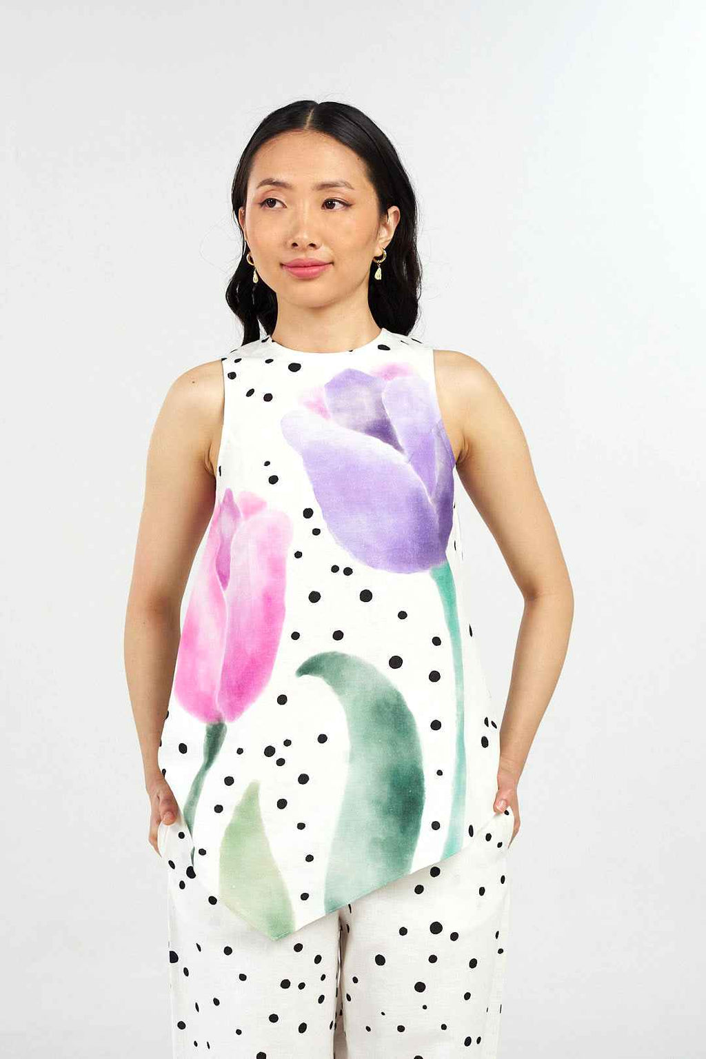 Daisy Dots Linen Asymmetric Top and Pants Co-ord Set