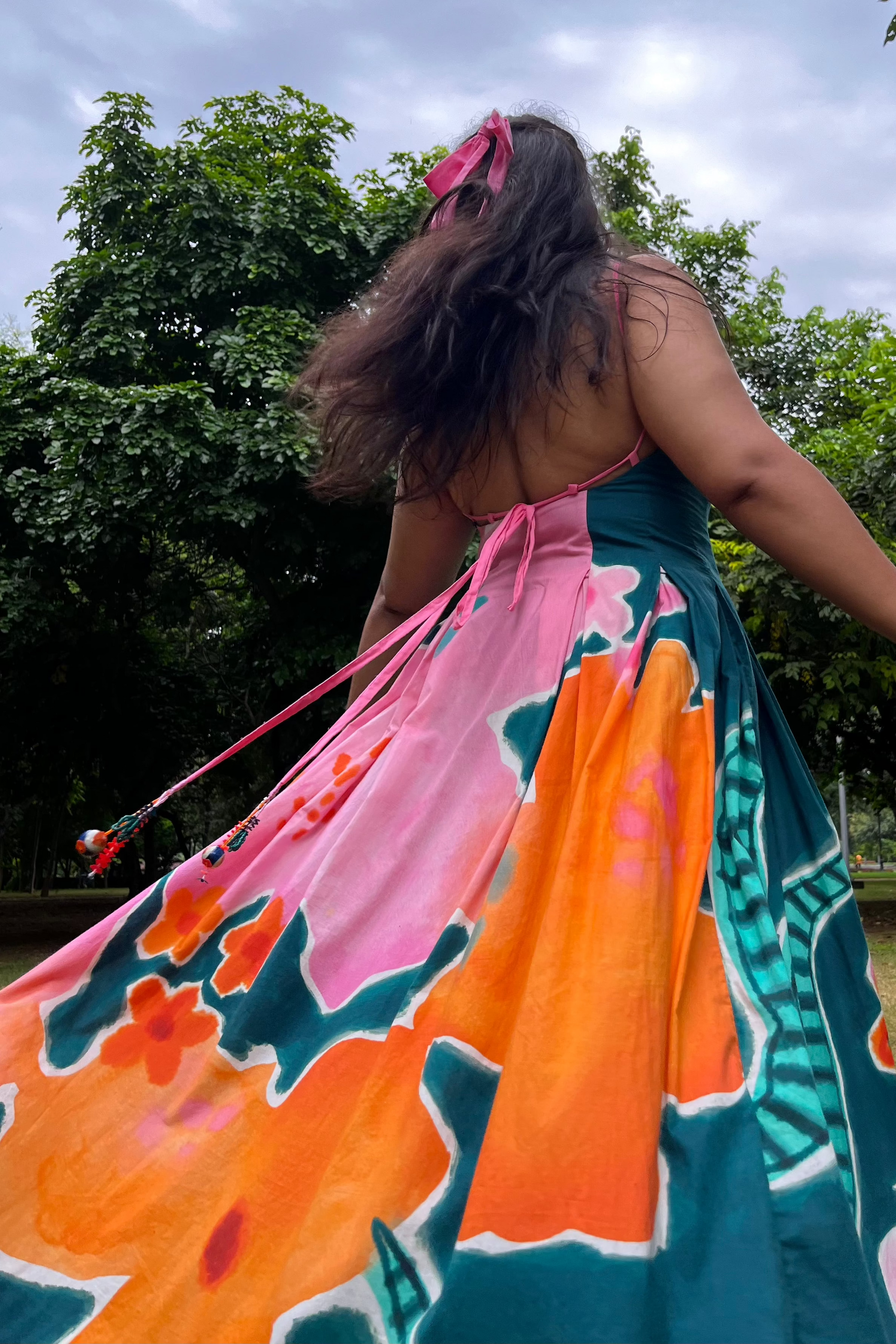 Maxi Dress, Green, Floral, box pleat