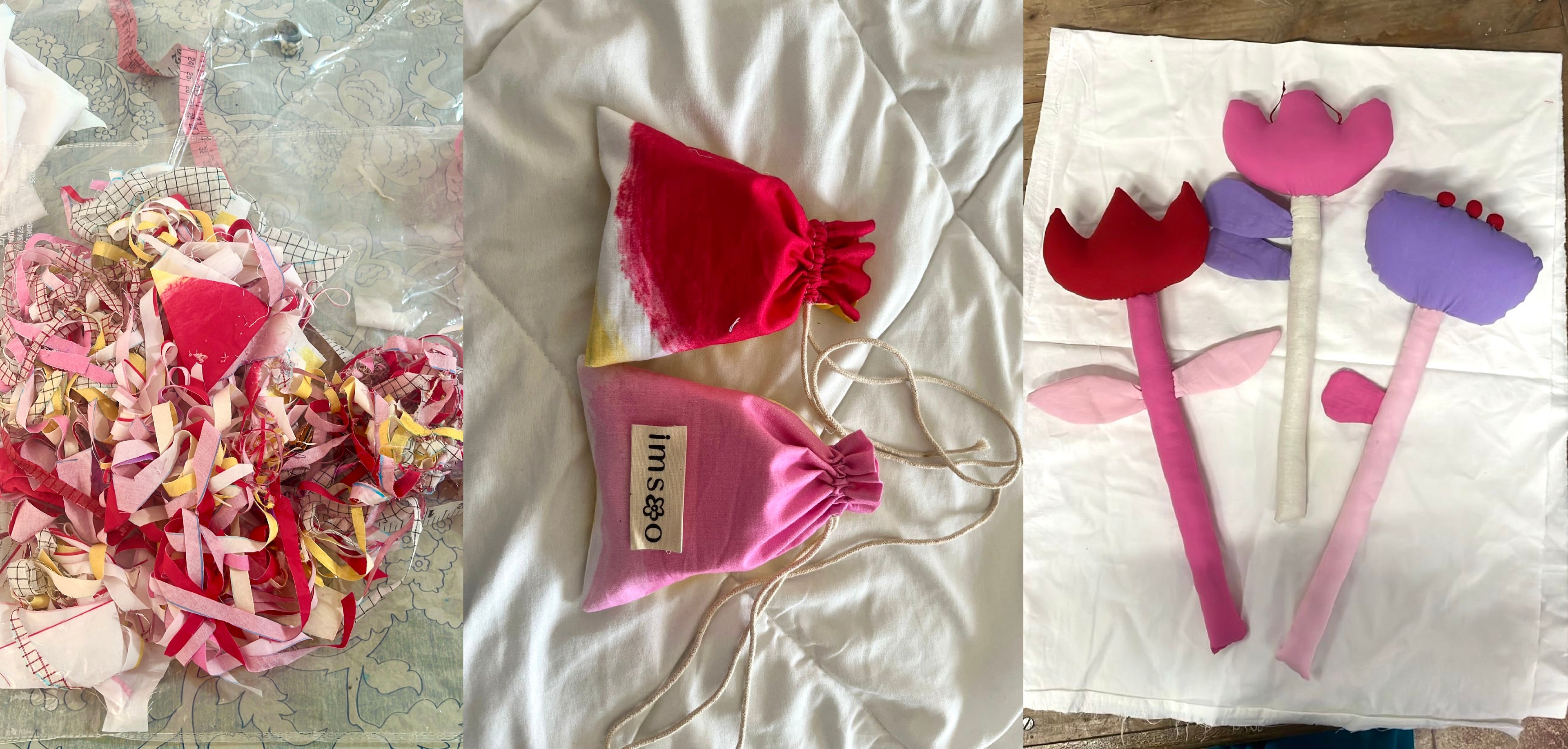 Collage of fabric flowers and bags on a white surface