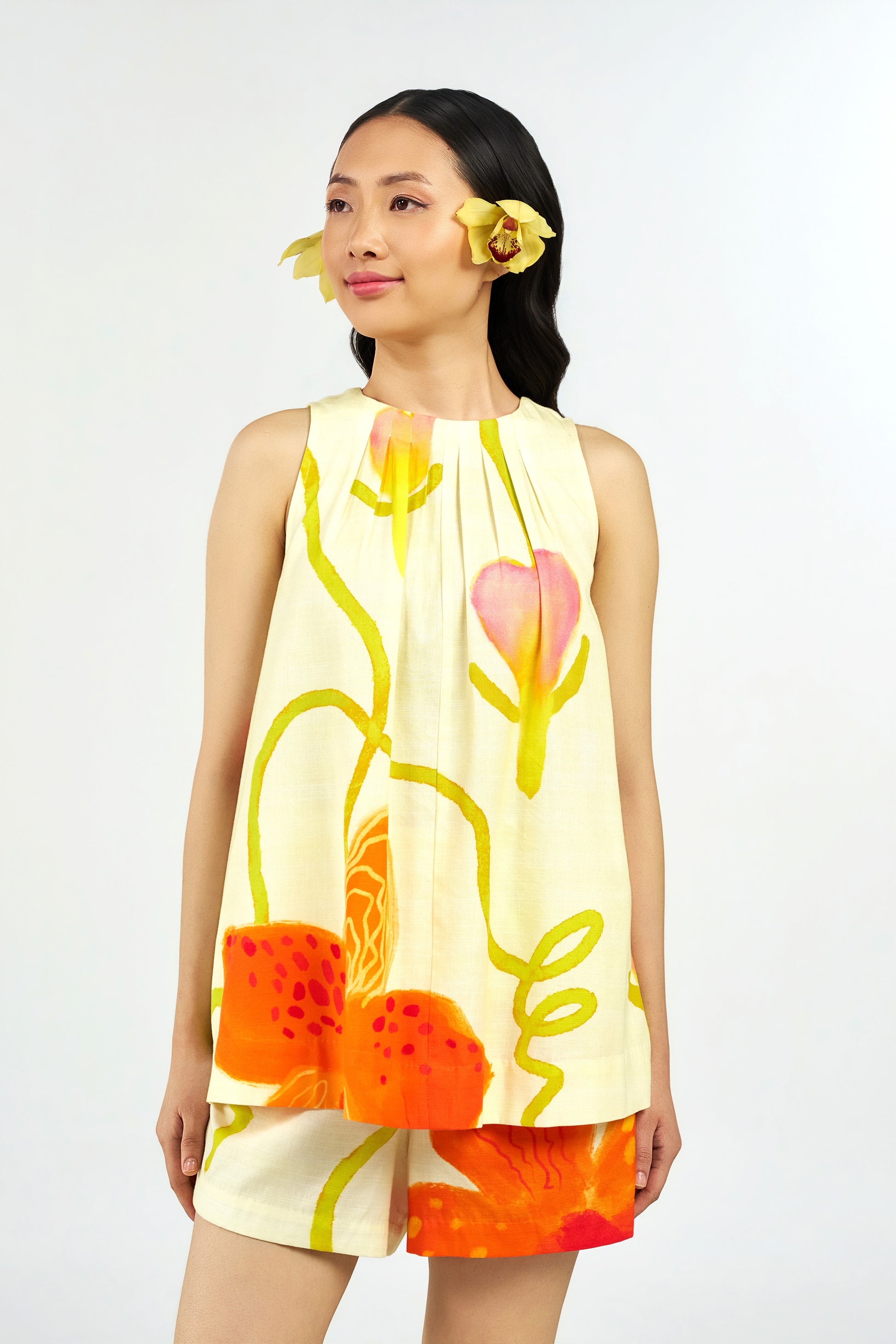 Tiger Orchid Pleated Top and Shorts Set