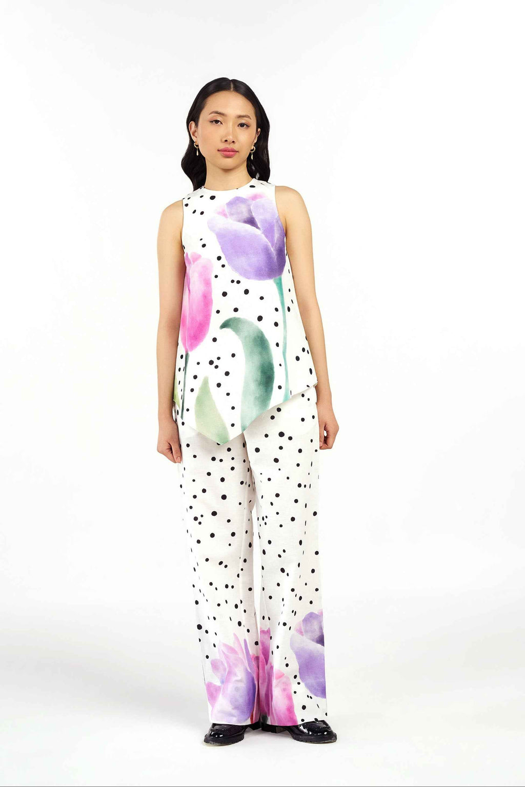 Daisy Dots Linen Asymmetric Top and Pants Co-ord Set