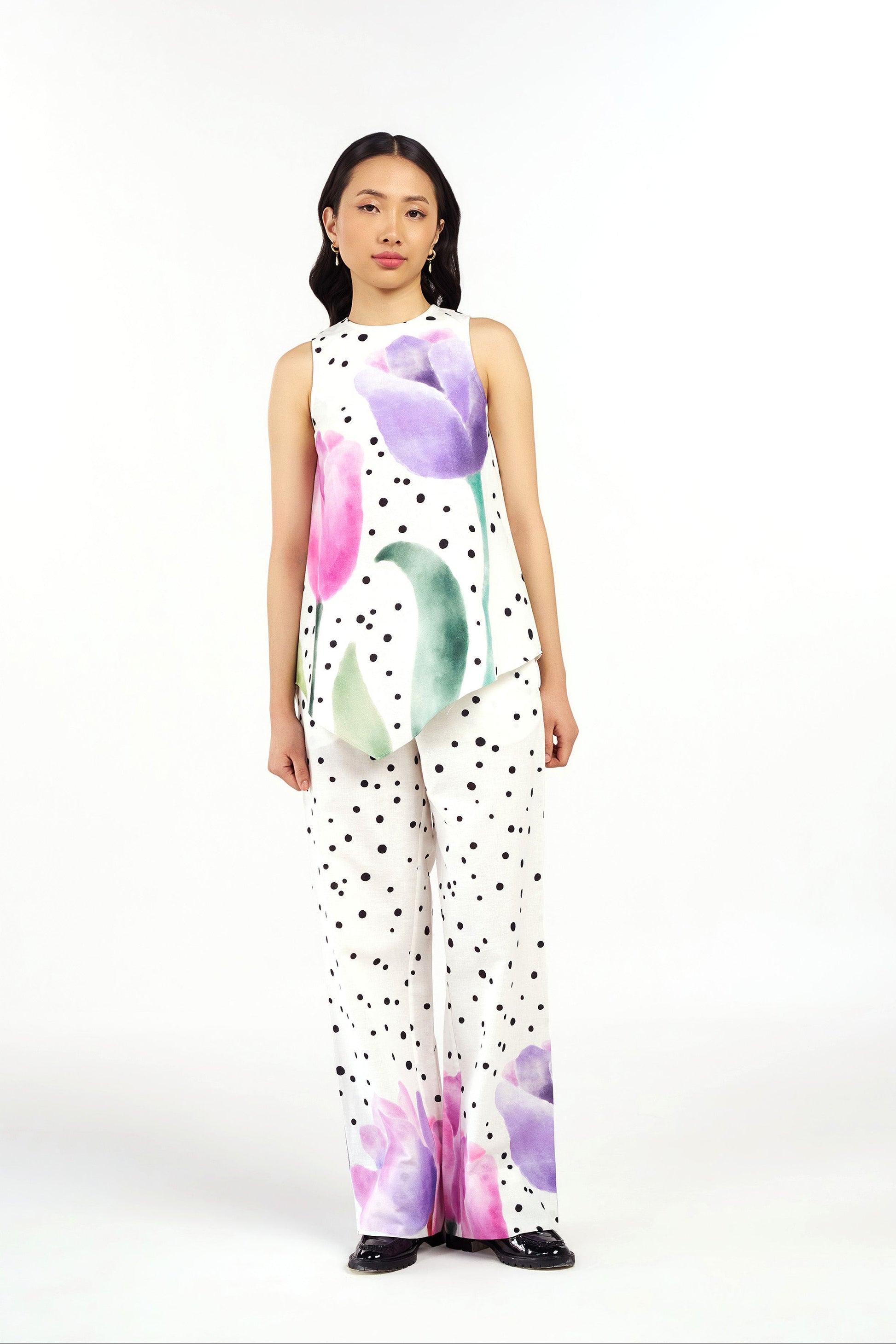 Daisy Dots Linen Asymmetric Top and Pants Co-ord Set