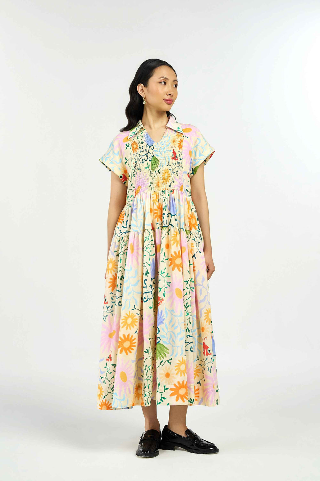 Wicked Vines Smocked Maxi Shirt Dress