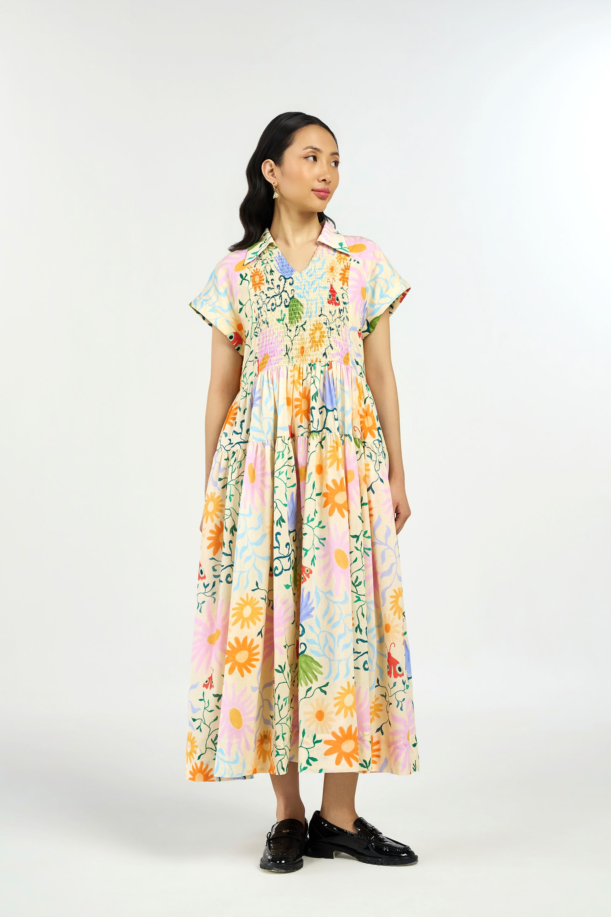 Wicked Vines Smocked Maxi Shirt Dress