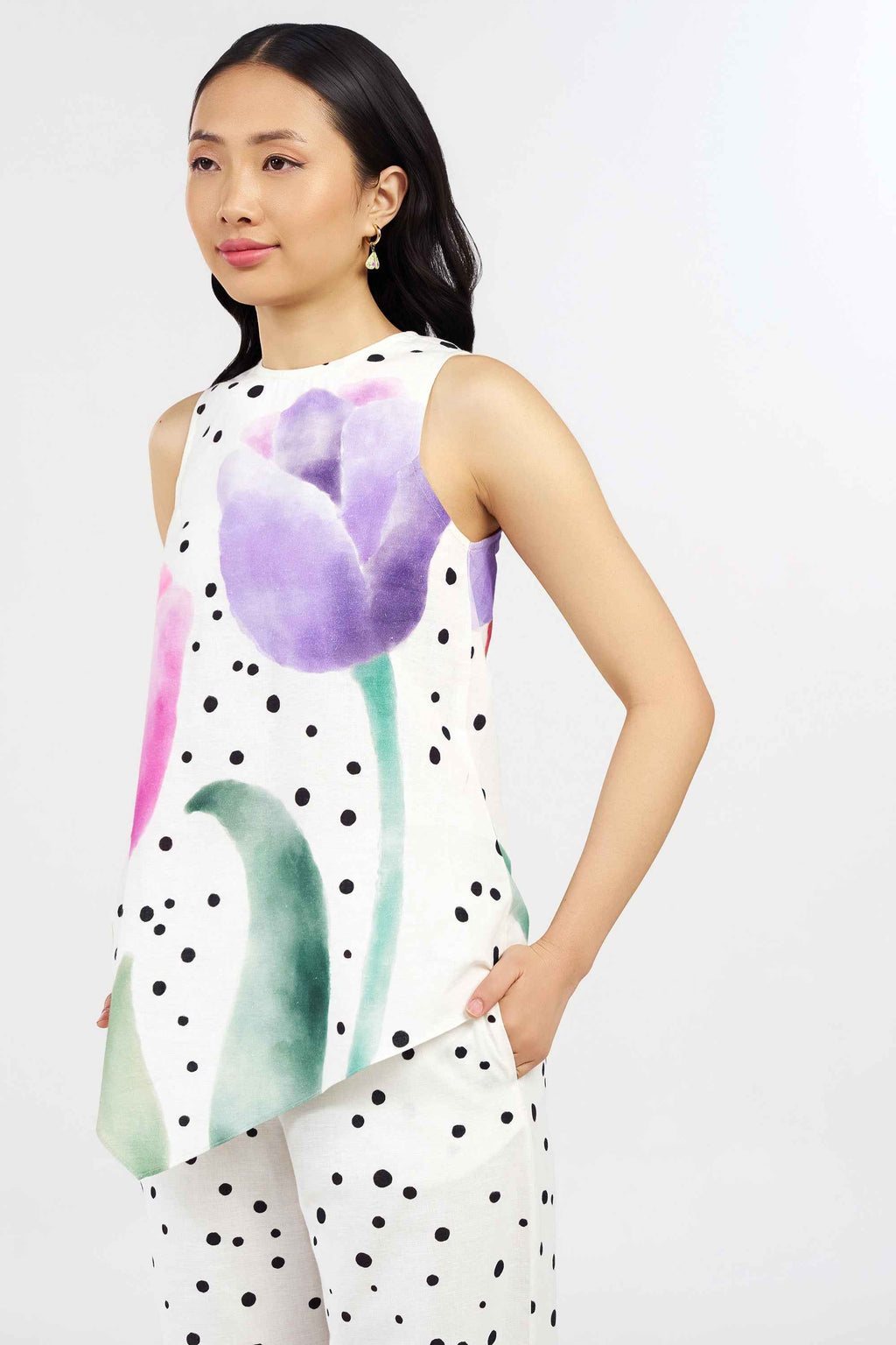 Daisy Dots Linen Asymmetric Top and Pants Co-ord Set