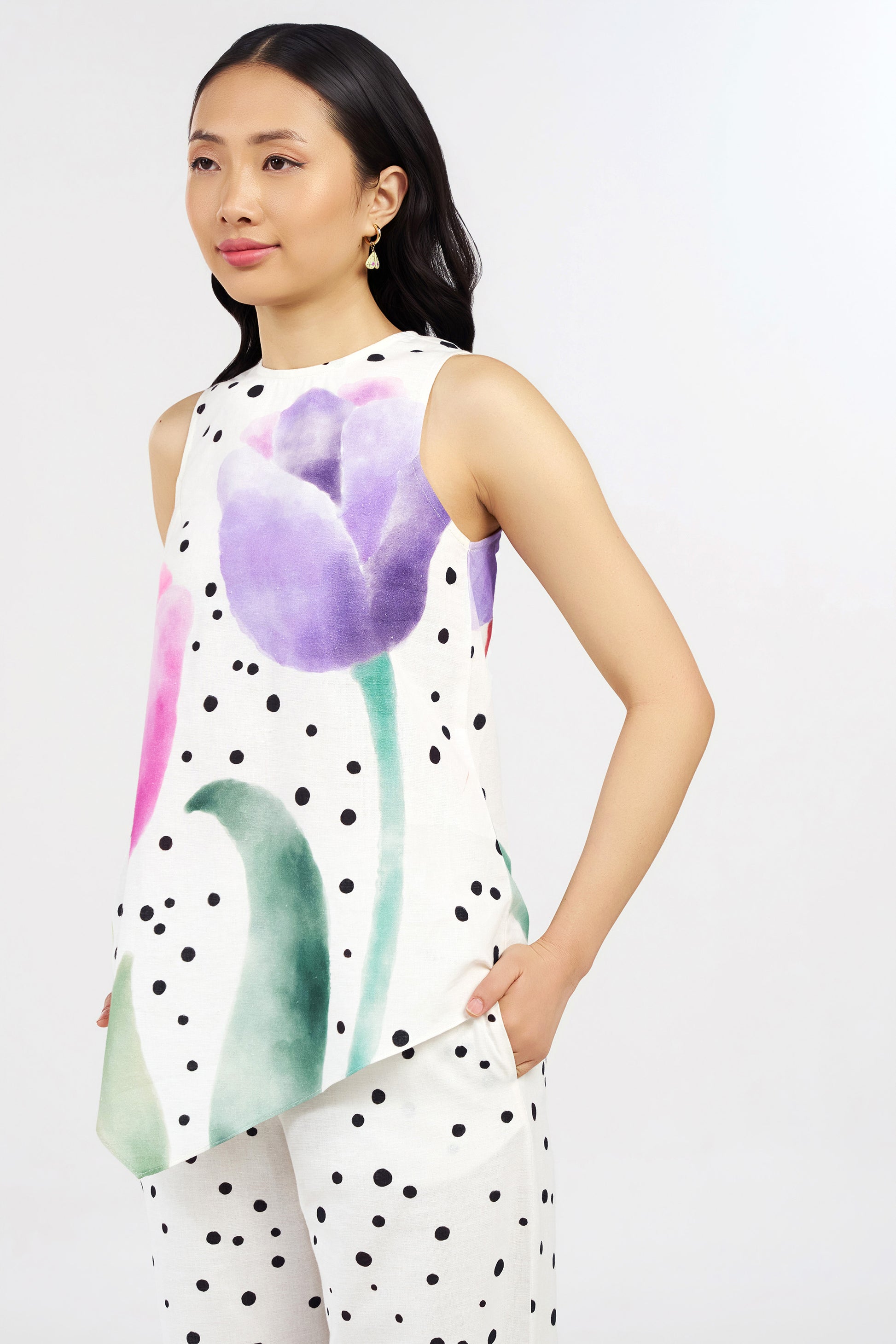 Daisy Dots Linen Asymmetric Top and Pants Co-ord Set