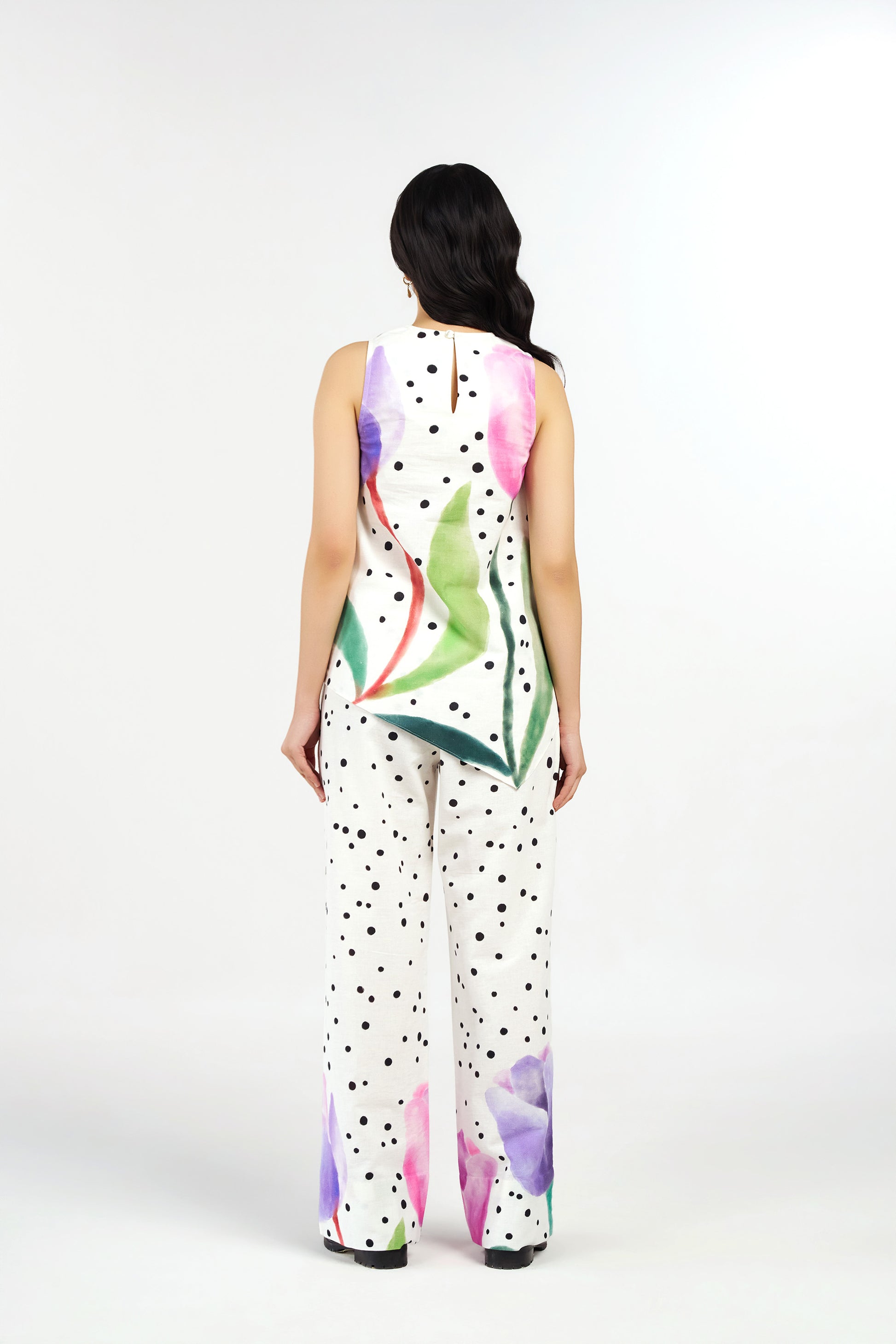 Daisy Dots Linen Asymmetric Top and Pants Co-ord Set