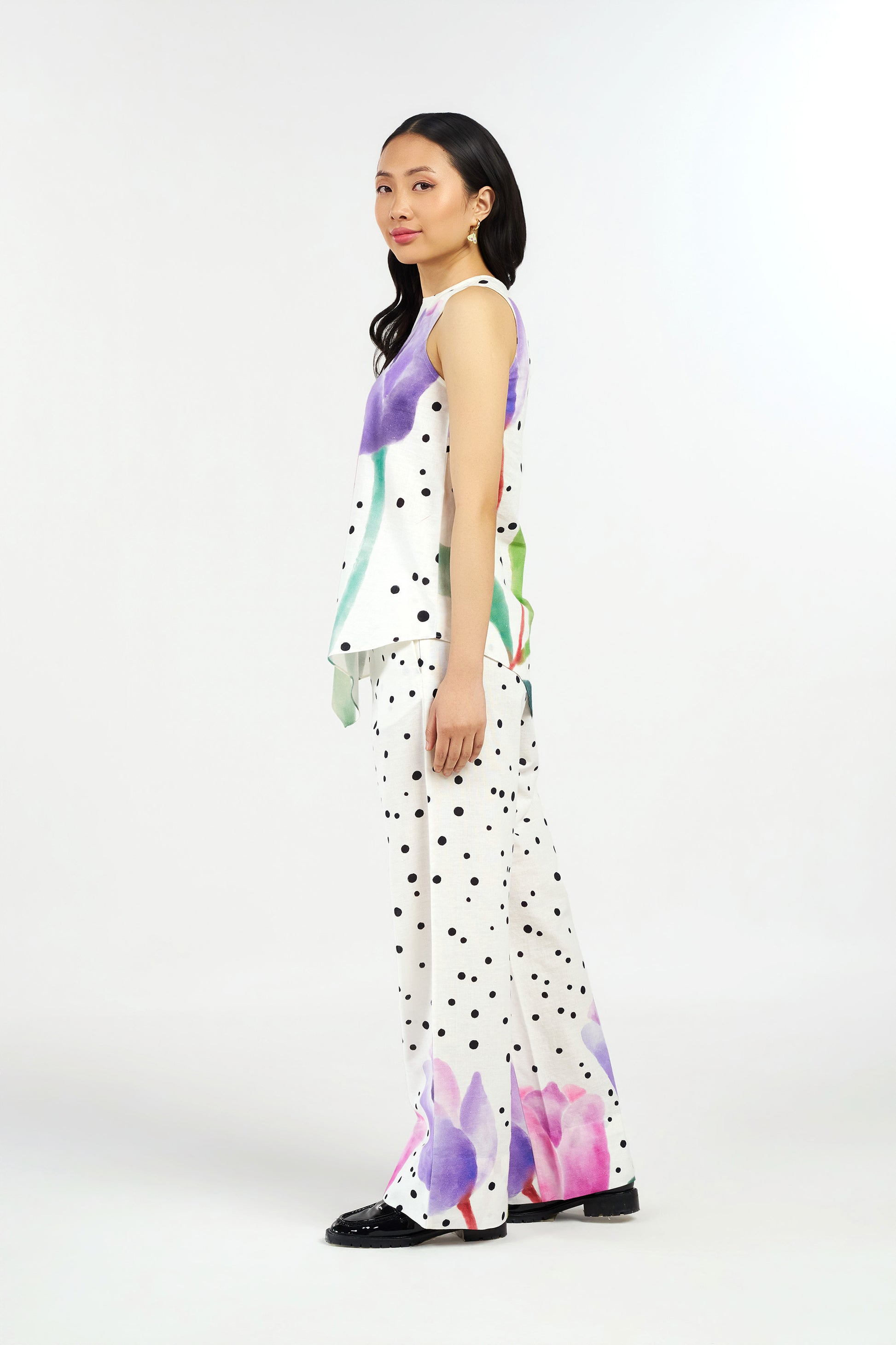 Daisy Dots Linen Asymmetric Top and Pants Co-ord Set