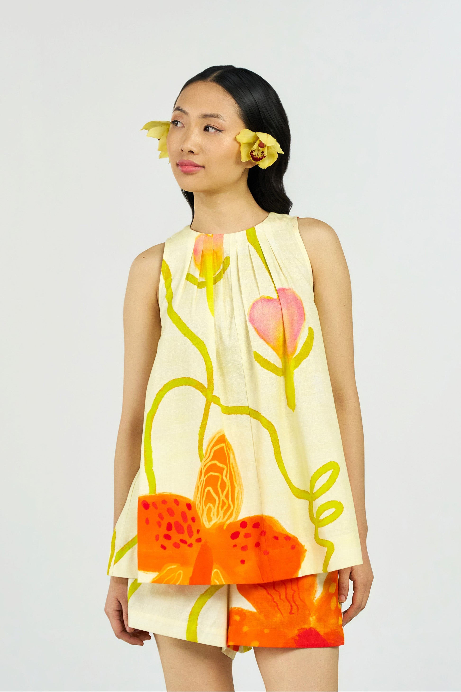 Tiger Orchid Pleated Top and Shorts Set