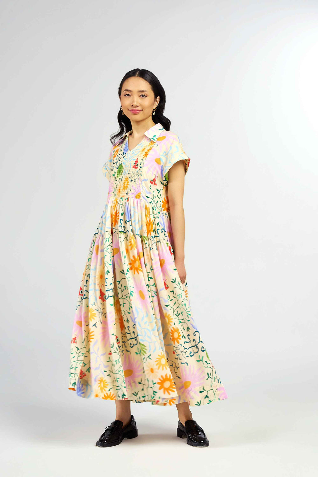 Wicked Vines Smocked Maxi Shirt Dress