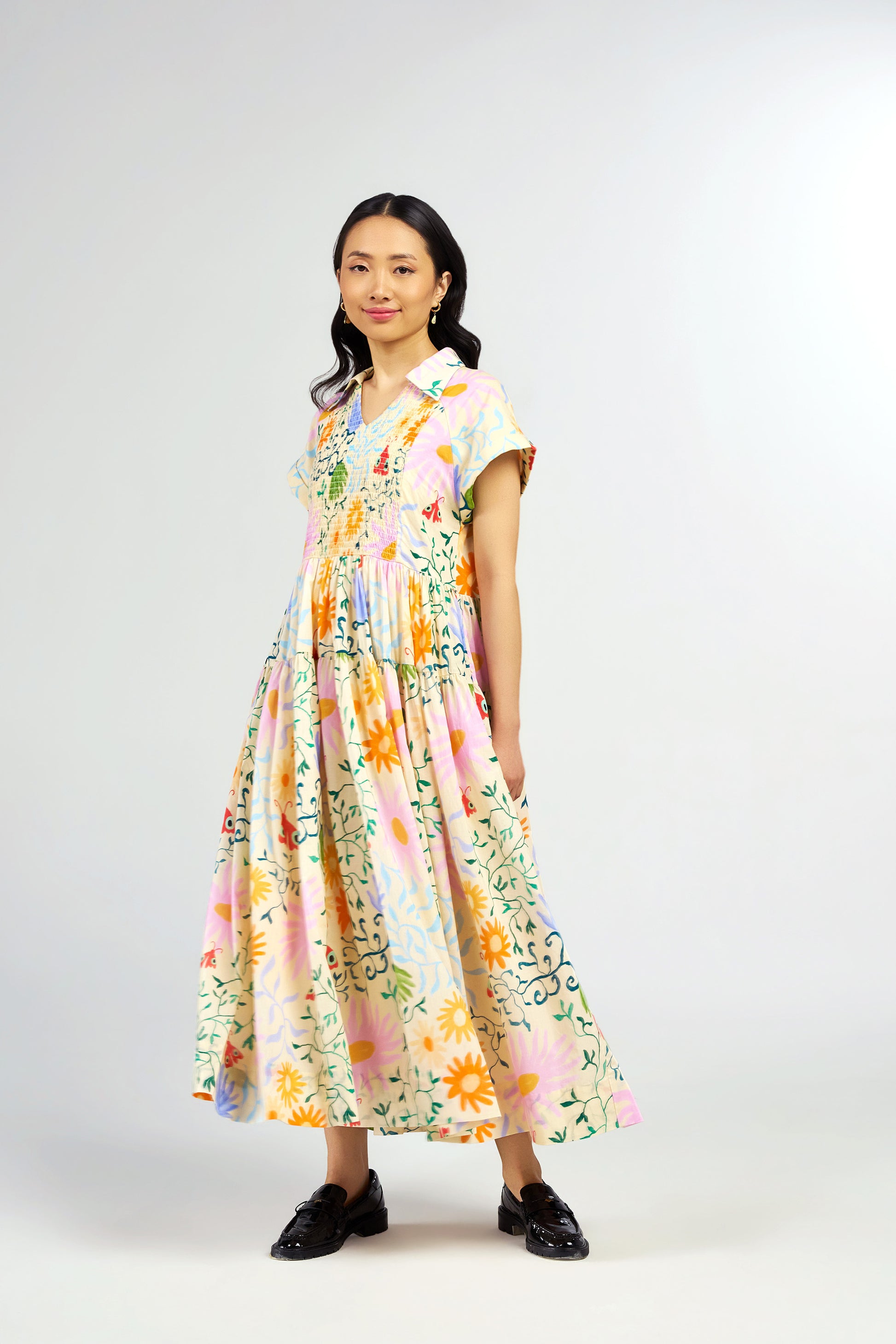 Wicked Vines Smocked Maxi Shirt Dress