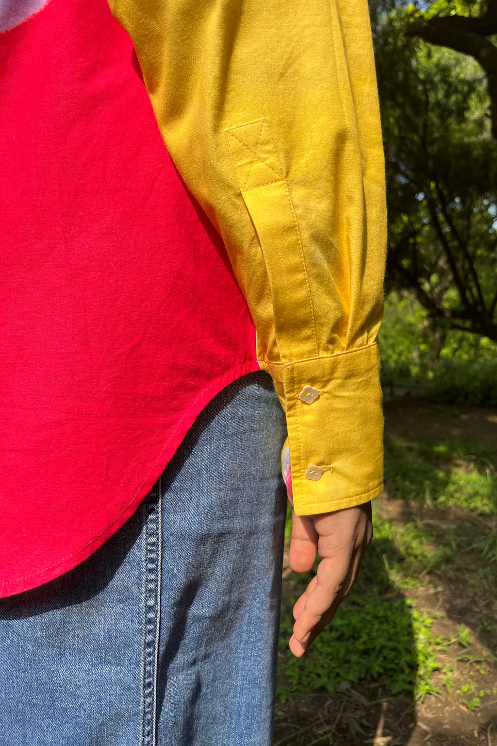 Printed, red, yellow, women’s shirt, summer fashion, cotton, garden, details, cuff