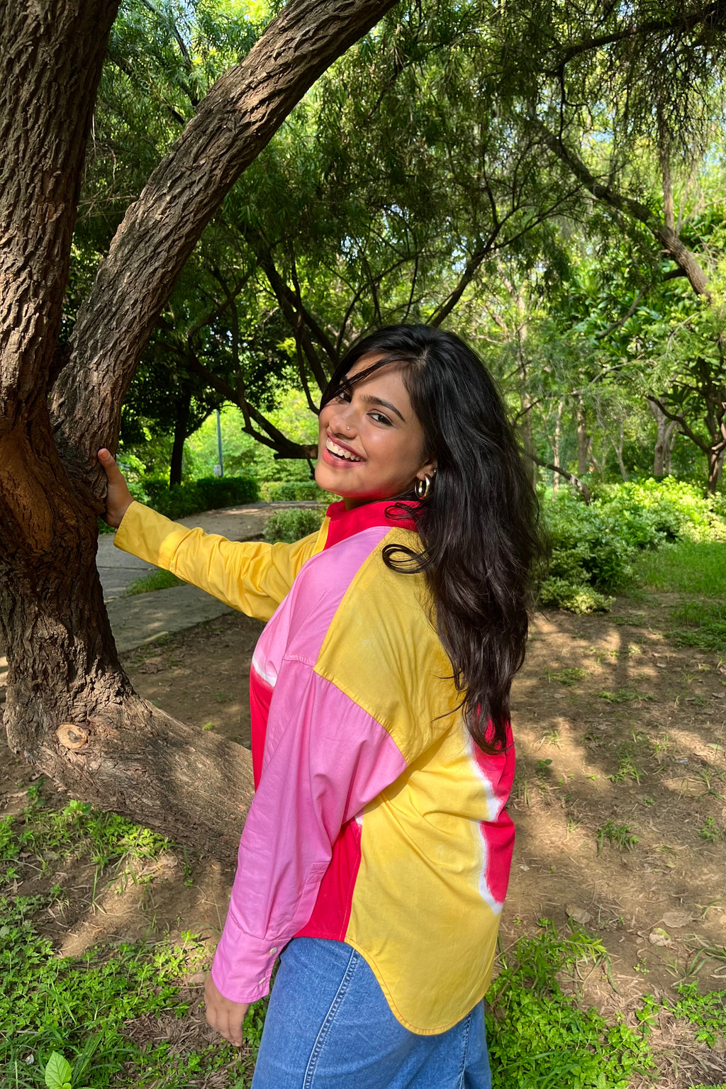 Printed, floral, women’s shirt, summer fashion, cotton, garden, yellow colour blocked shirt