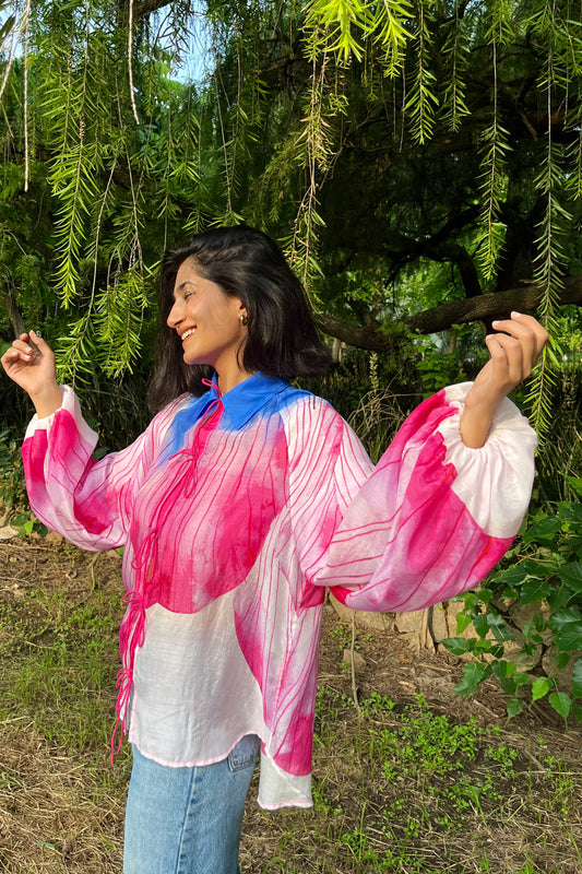 Bishop sleeve, silk shirt, printed, floral, blue, pink