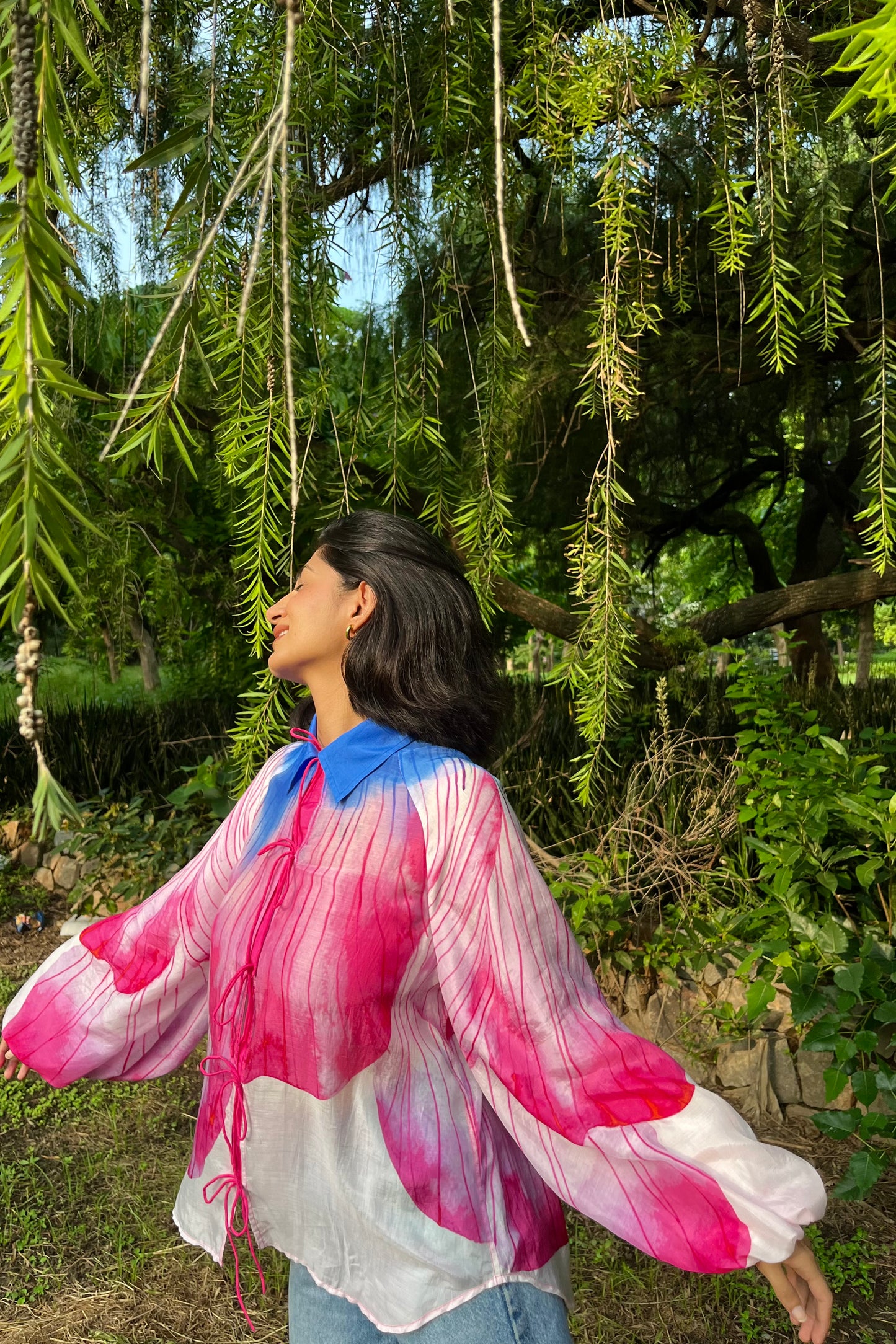 Bishop sleeve, silk shirt, printed, floral, blue, pink, garden