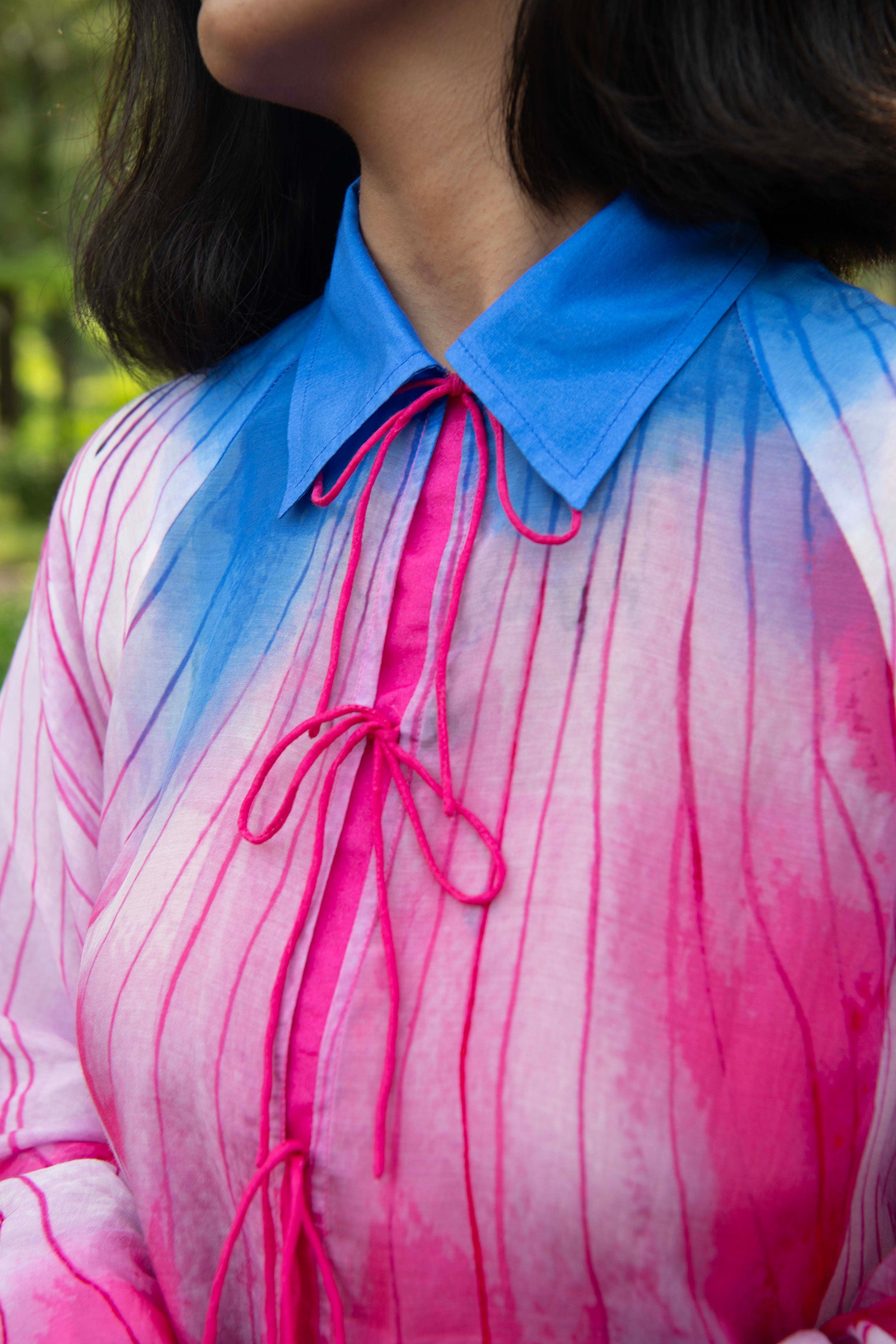 Bishop sleeve, silk shirt, printed, floral, blue, pink, tie-up, detail