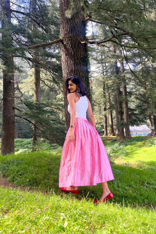 Cotton candy, pink, pleated skirt, long, cottage core 