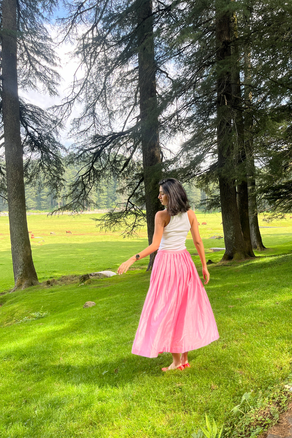 Cotton candy, pink, pleated skirt, long, cottage core 