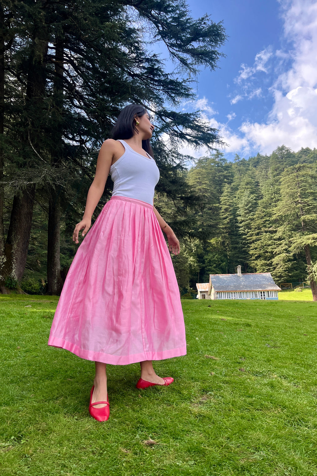 Cotton candy, pink, pleated skirt, long, cottage core 