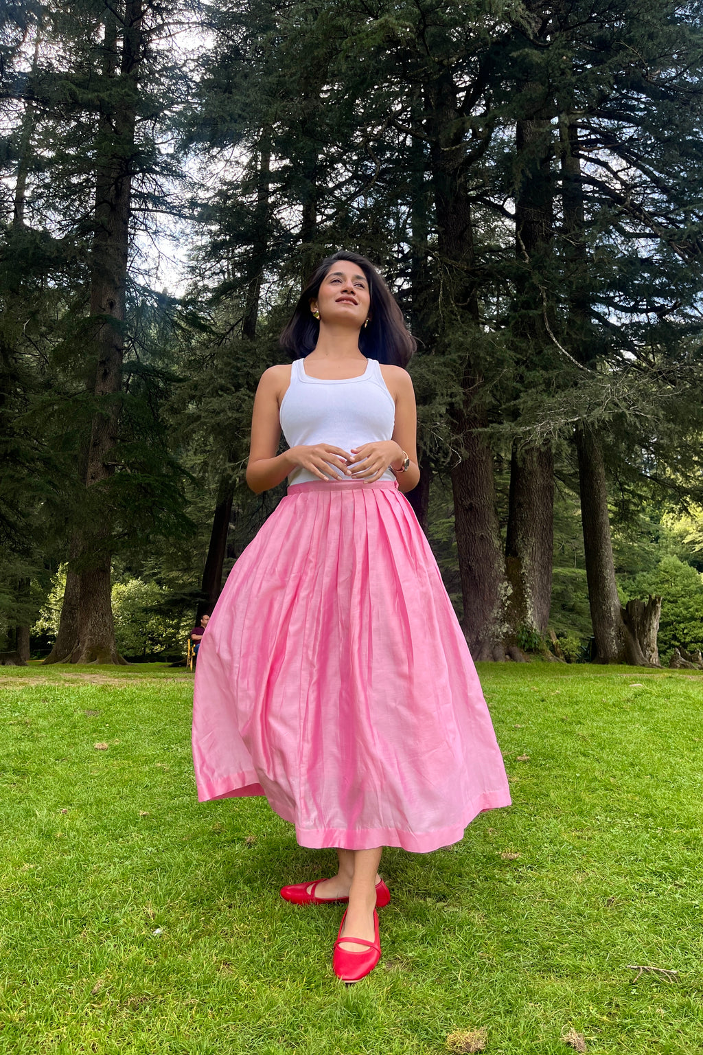 Cotton candy, pink, pleated skirt, long, cottage core 