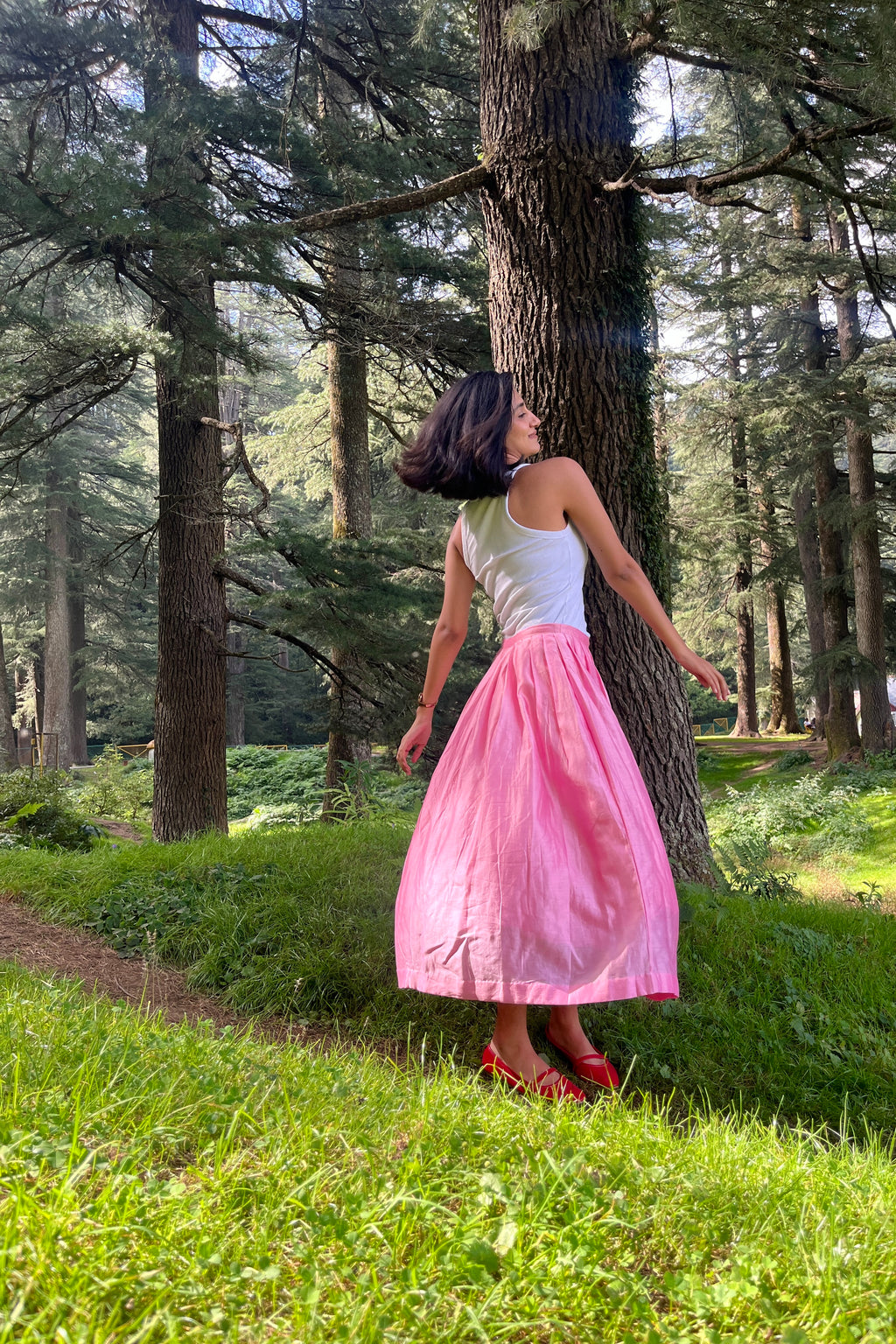 Cotton candy, pink, pleated skirt, long, cottage core 
