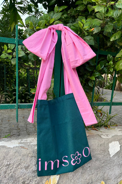 Tote bag with bow, green and pink colour