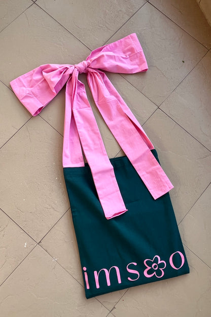 Tote bag with bow, green and pink colour