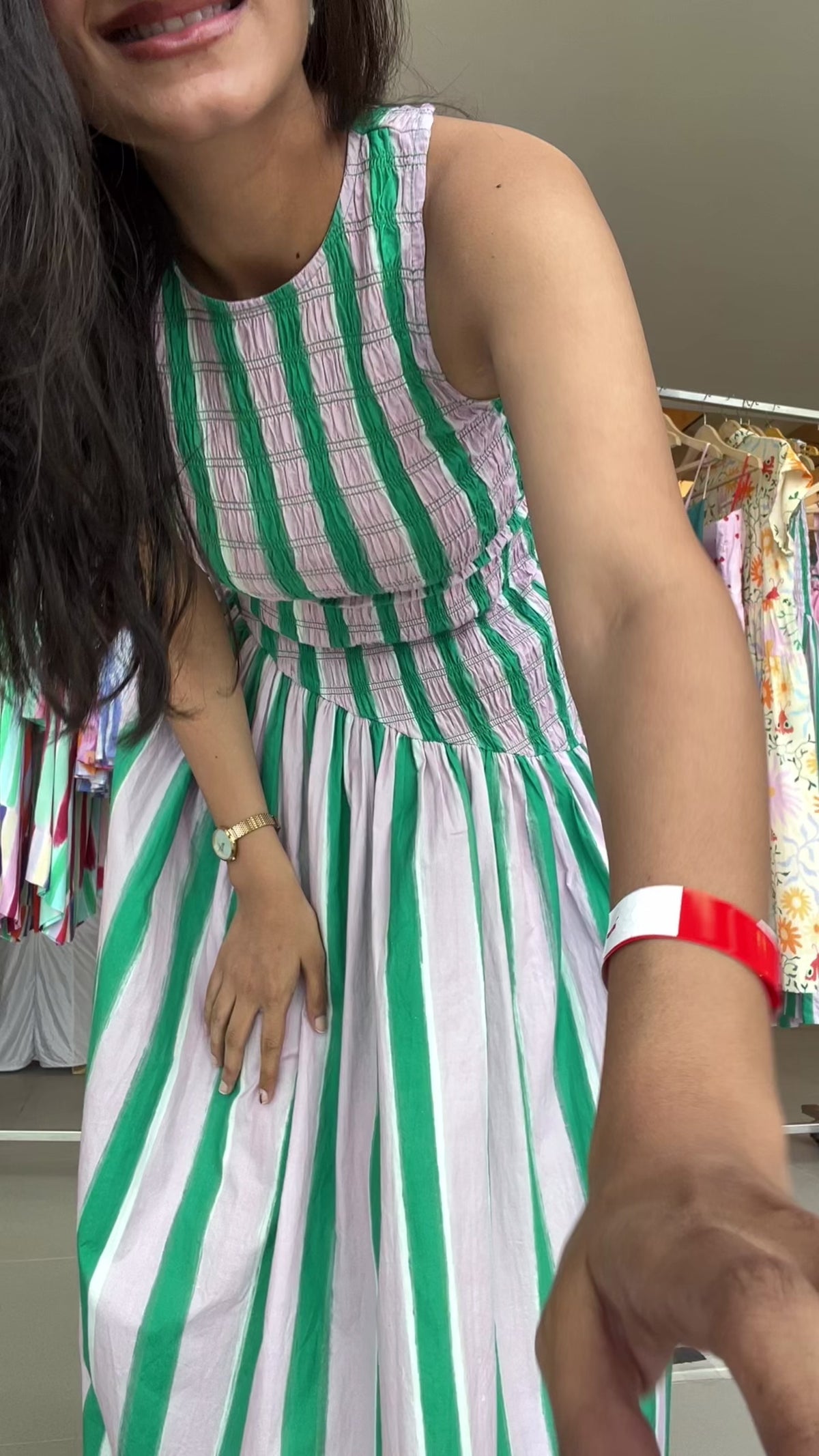 Matcha Macaron Pink & Green Smocked Maxi Dress